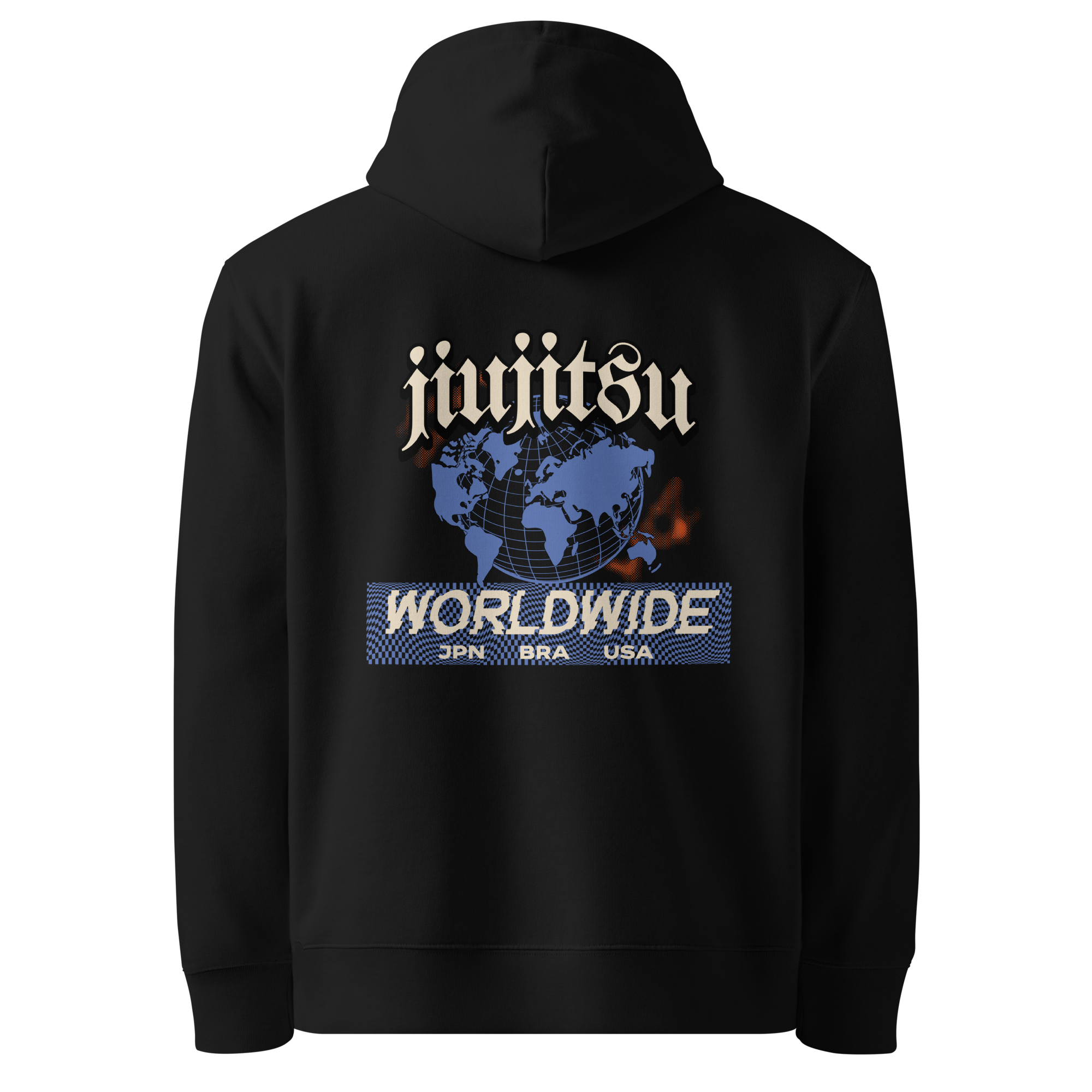 Black hoodie with 'Jiu Jitsu Worldwide' graphic on a white background